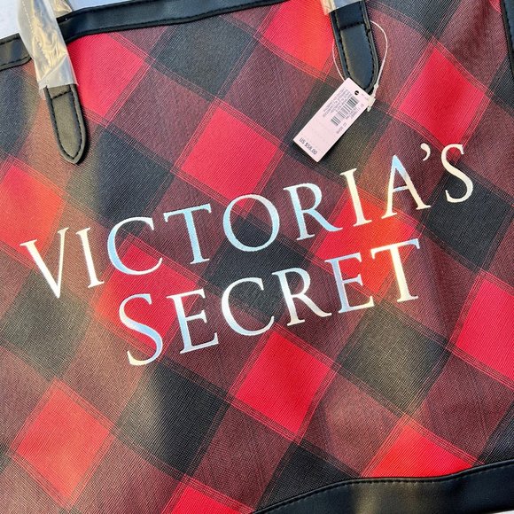 Victoria’s Secret Buffalo Plaid Red Black Open Tote New With Tag - Picture 2 of 6
